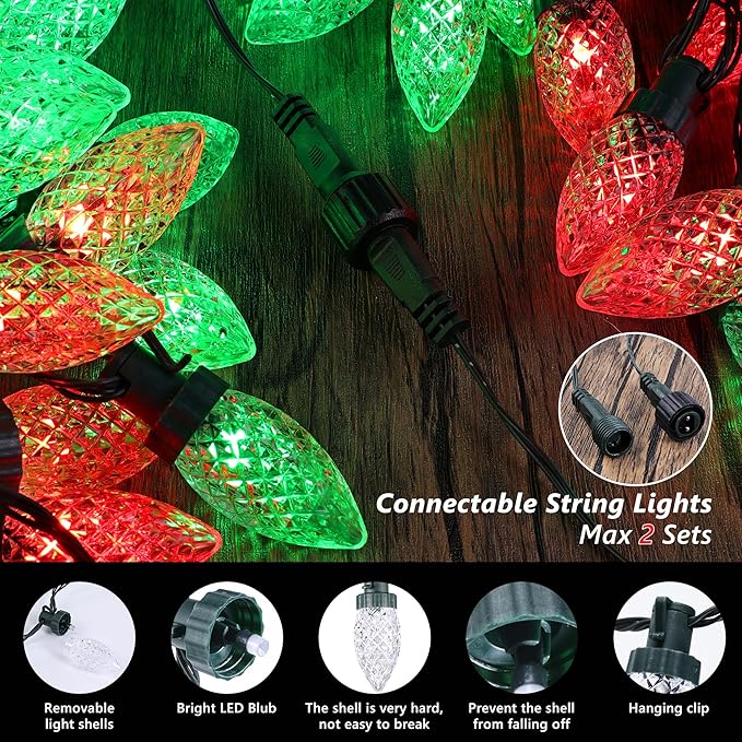 iBaycon RGB C9 Christmas Lights 65FT Color Changing String Lights Connectable Remote Control Waterproof Outdoor C9 String Light for Xmas Tree House Eaves Roof Christmas Holiday Decor