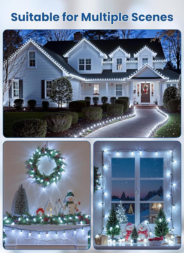 C9 LED Christmas Lights Outdoor 68 Feet 100 LED Strawberry String Lights with 100 Spring Clamps Waterproof Commercial Grade Extendable for Outside Roofline Patio Home Xmas Decoration Pure White