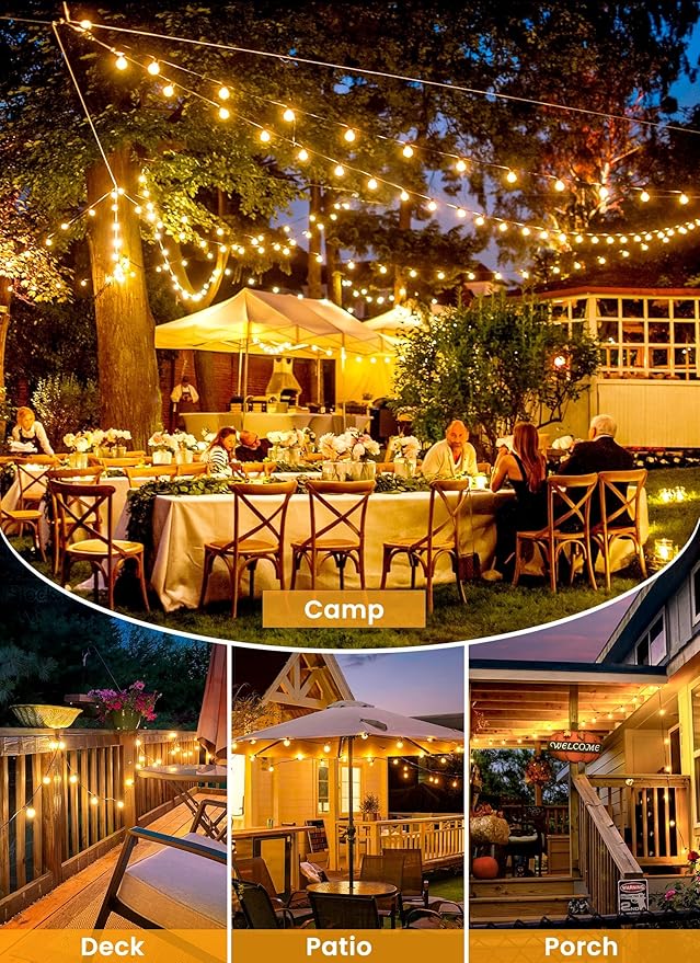 Brightown 75FT Solar String Lights Outdoor Waterproof with Remote Solar Patio Lights with 35 Shatterproof LED Bulbs 3 Light Mode Dimmable &amp Timer Hanging String Lights for Porch Garden Bistro