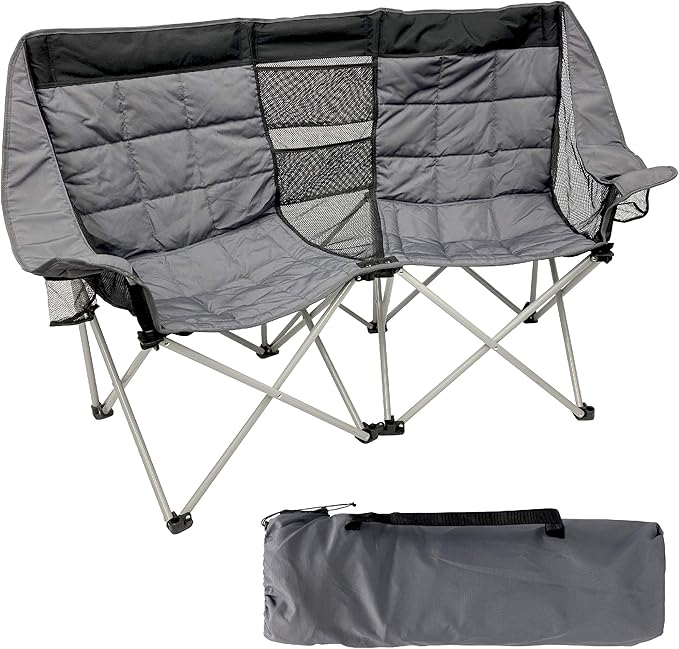 EasyGo Product Camping Chair - Double Love Seat Heavy Duty Oversized - Folds Easily and is Padded Black Grey