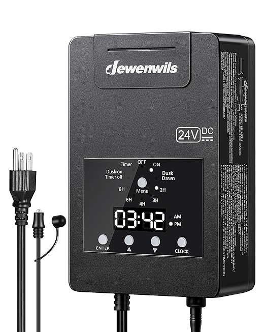 DEWENWILS 120W Low Voltage Landscape Transformer with Timer &amp Photocell Sensor 120V AC to 24V DC Low Voltage Transformer Weatherproof Landscape Lighting Transformer for Garden Lights Pathway Lig