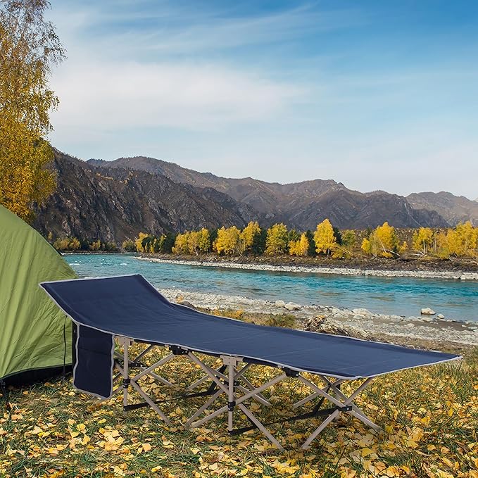 Outsunny Folding Camping Cot for Adults with Carry Bag Side Pocket Outdoor Portable Sleeping Bed for Travel Camp Vacation 330 lbs. Capacity Blue