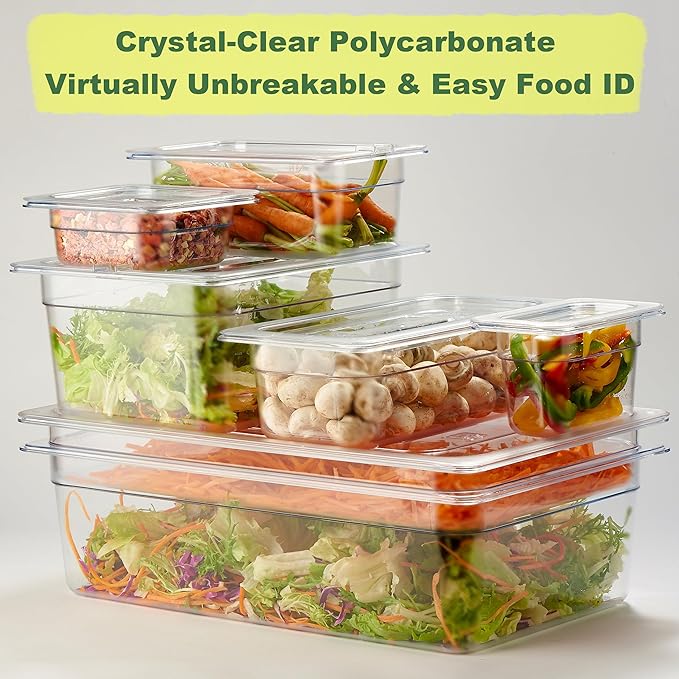 CURTA 12-Pack 1/6 Size 4 Deep NSF Polycarbonate Food Pan with Notched Lid &amp Drain Tray | Dishwasher &amp Freezer Safe Clear Container for Prep Tables Buffet Salad Bar Commercial Kitchen
