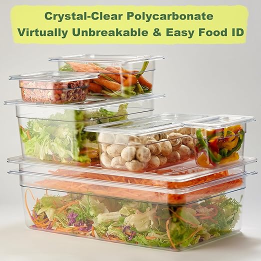 CURTA 6-Pack 1/3 Size 6 Deep NSF Polycarbonate Food Pans with Handled Lids &amp Drain Trays | Dishwasher &amp Freezer Safe Clear Container for Prep Tables Buffet Salad Bar Commercial &amp Home