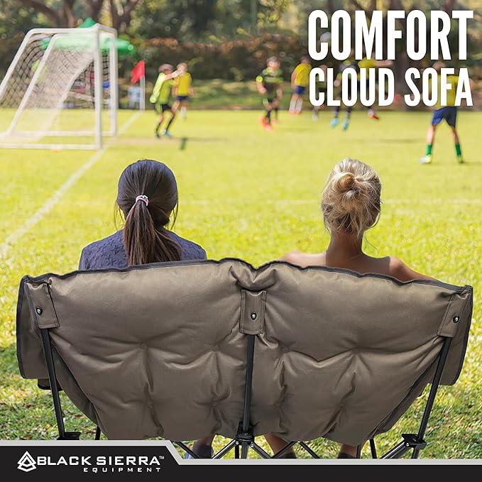 Black Sierra Double Camping Chair for Adults Oversized Folding Loveseat Supports 600 lbs Plush Padded Outdoor Couch with Cup Holders and Carry Bag for Beach Patio RV or Tailgating Events
