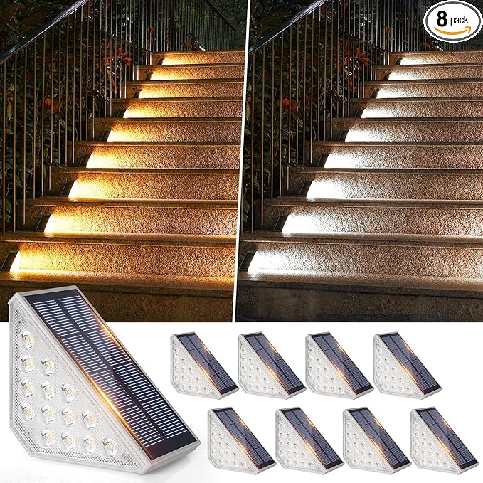 8-Pack Solar Stair Lights Outdoor Waterproof Upgraded 2-in-1 LED Warm White and Cool White Solar Powered Step Light for Outside IP67 Auto On/Off Solar Lights for Front Sidewalk Yard Patio Porch