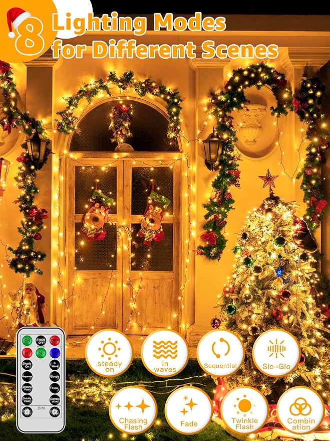1000 LED 328 FT Christmas Lights Waterproof Outdoor String With Remote and Timer 8 Modes Dimmable Fairy Lights for Holiday Decor (Warm White)