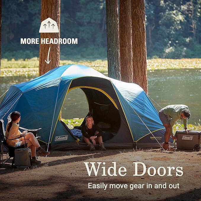 Coleman 4/6/8/10 Person Skydome Dark Room Tent with Rainfly 5 Minute Setup Blocks 90% of Sunlight 20% More Headroom Than Traditional Tents