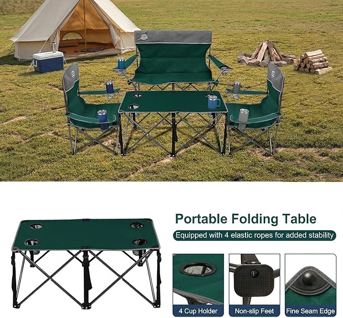 Oversized 4 Pcs Camping Chair Set with TableOutdoor Folding Heavy Duty Lawn ChairCup HolderPortableLoveseat Chair Perfect for Family HikingPicnics and Beach TripsDark Green