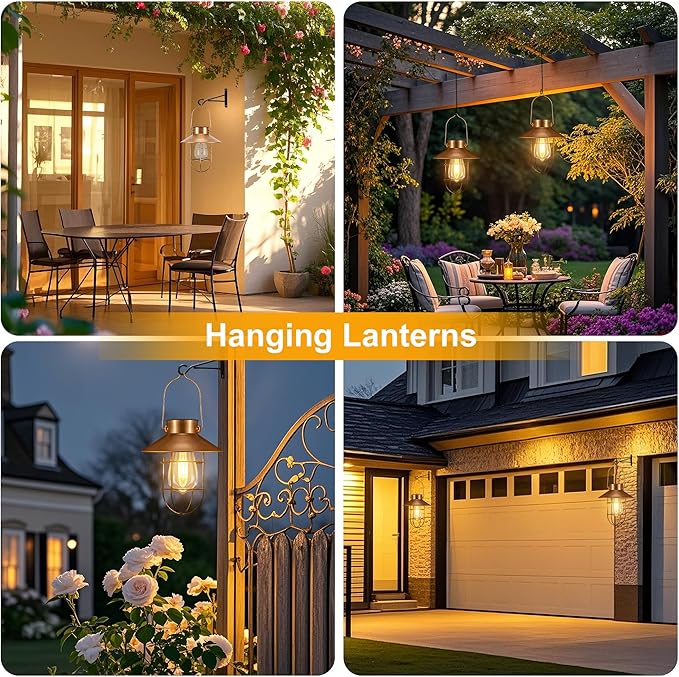 pearlstar 2 Pack Solar Lights Outdoor Hanging Solar Lanterns with Edison Bulb and 2 x 32 Inch Shepherd Hooks Waterproof Landscape Lighting for Garden Patio Yard Pathway Driveway Lawn (Copper)