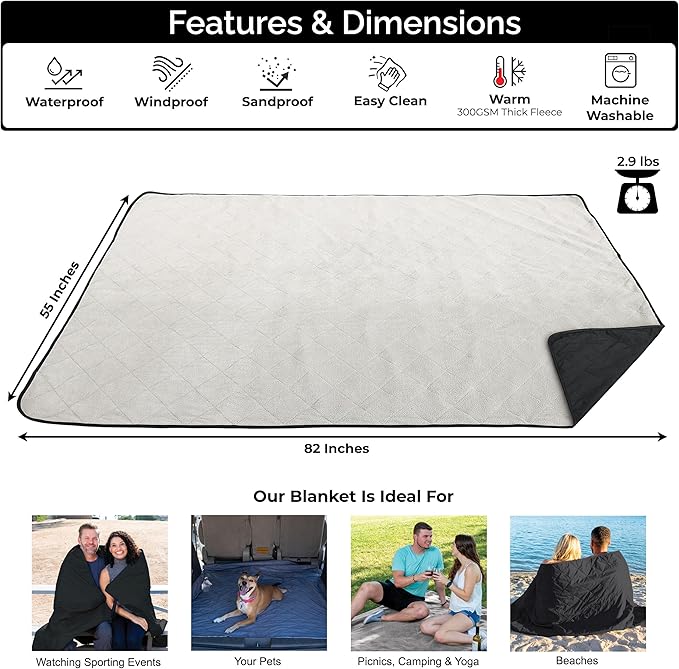 BRAWNTIDE Large Outdoor Waterproof Blanket - Extra Thick Fleece Warm Windproof Sandproof Quilted 82 x 55 Ideal for Beaches Picnics Camping Stadiums Dogs Car