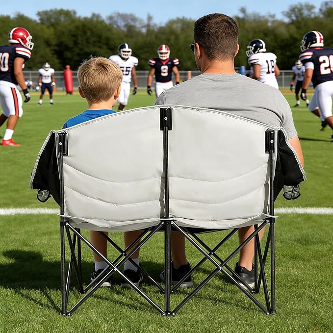 Double Camping ChairsOversized Foldable Camping Chairs with Cup Holders Heavy Duty Loveseat Couch for Adults Suitable for Indoor Outdoor Beach Support 600 lbs（Black/White）
