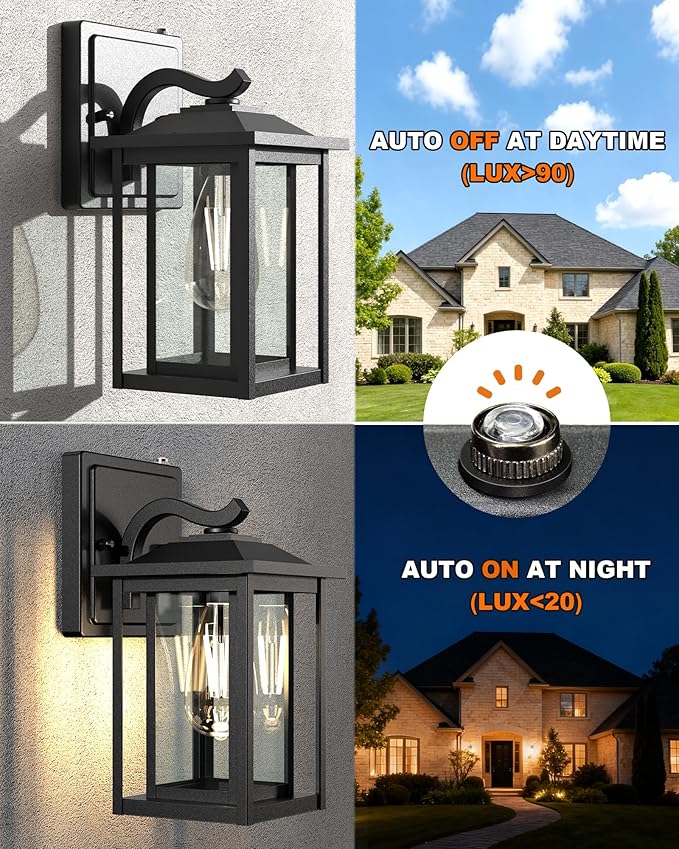 LTBLIGHT Dusk to Dawn Outdoor Lighting Modern Black Waterproof Exterior Wall Sconce Sensor Front Porch Lights with E26 Base for House Garage Patio Front Door 120V