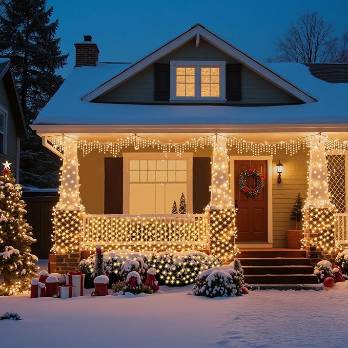 JOYIN 360 LED Christmas Net Lights 16.4X 6.5FT Christmas Mesh Lights with 8 Modes Connectable Waterproof for Bushes Trees Yard Indoor Outdoor Xmas Decorations (Warm White)