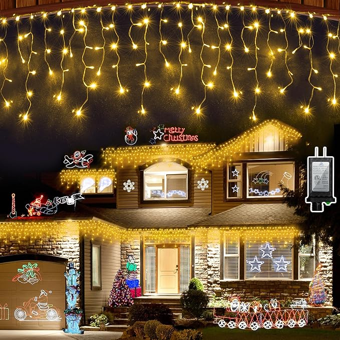 612 LED String lights Indoor Outdoor 60ft Christmas Window Lights with 136 Drops 12 Modes Dimmable Curtain Lights Fairy Lights for Bedroom Holiday Wedding Party Home Xmas Decorations Warm White