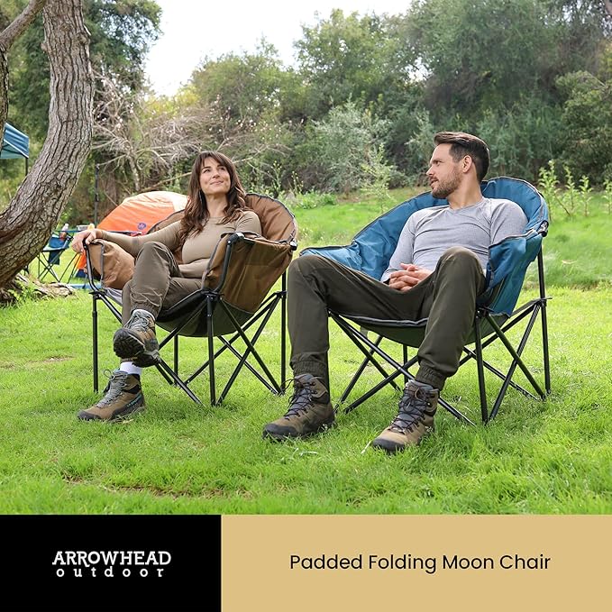ARROWHEAD OUTDOOR Oversized Heavy-Duty Club Folding Camping Chair with Pocket Cup Holder Portable Padded Moon Round Saucer Supports 330lbs Carrying Bag