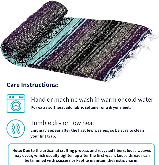 La Montana Mexican Blankets and Throws 4 Pk 74x50 Made in Mexico Lightweight Yoga Blanket for Schools Studios Outdoors Camping Picnic Decor-Machine Washable Dark Purple/Mint Green/Charcoal