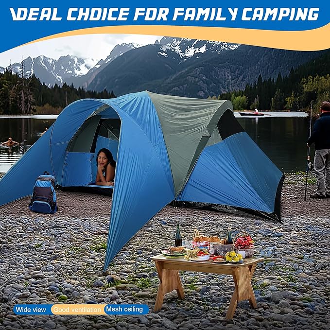 Large Camping Tent Family Tent 8-10 People 216.5x118.1x77.95 inches Waterproof Mesh Roof 2 Bedrooms and 1 Living Room Blue (Blue)