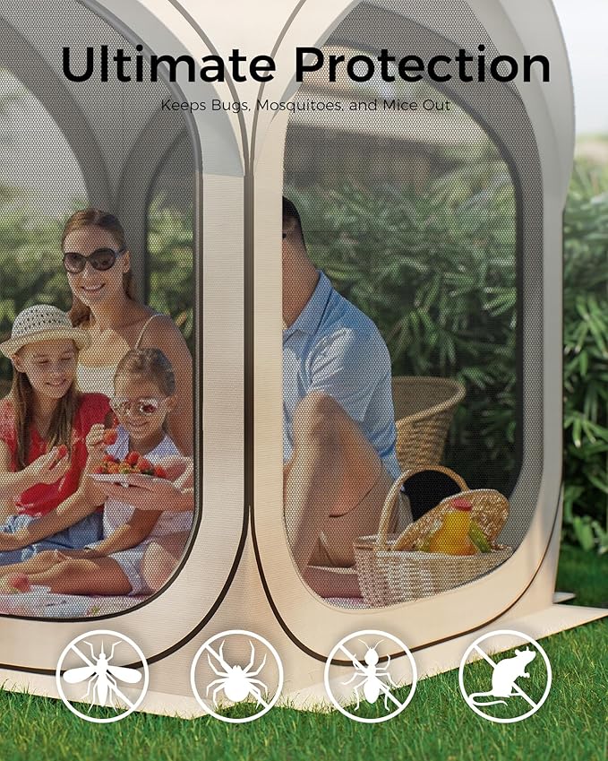 Pop-Up Screen Tent with Mesh Walls – Instant Portable Outdoor Shelter with Carry Bag for Camping Patio Backyard Deck Beach – 6×6 FT Beige