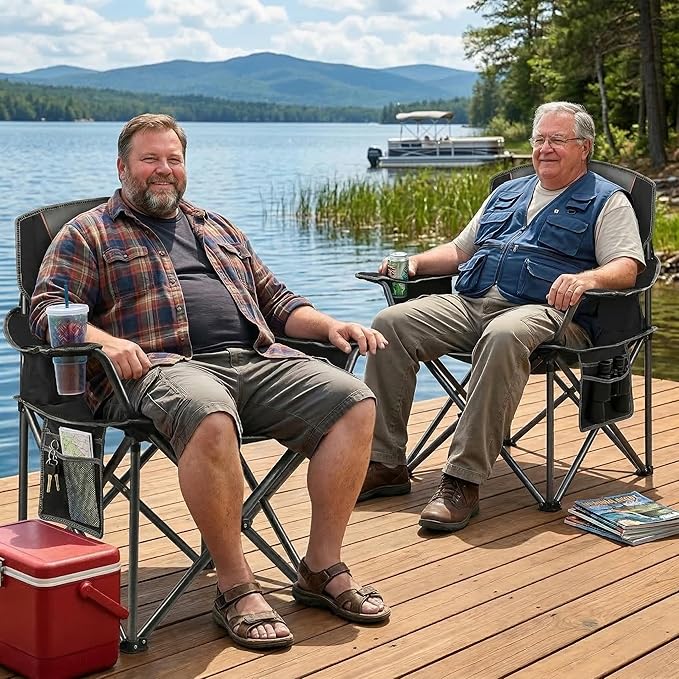 2 Pack Padded Oversized Camping Chairs for AdultsHeavy Duty Support 400 LbsFolding Portable Lawn Chair w/Cup HolderCooler BagSide PocketPerfect for Outdoor PicnicHiking(Black)