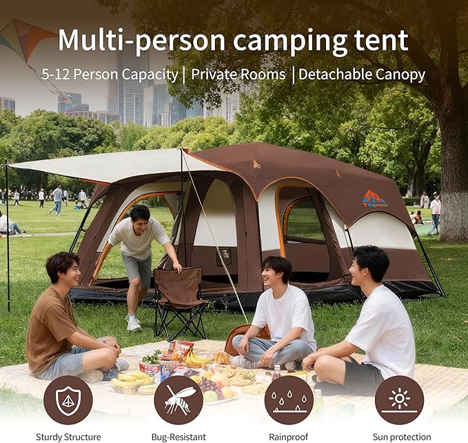 Large Family Standing Upright Camping Tent - 5-12 Persons Multi-Room Waterproof Tent with Screened Porch - Glamping Tent for Outdoor Camping &amp Family Vacation