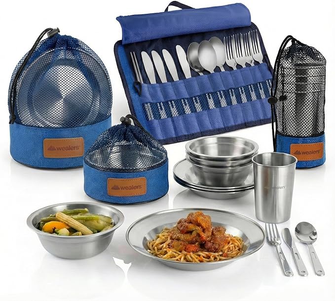 Wealers Unique Complete Messware Kit Polished Stainless Steel Dishes Set| Tableware| Dinnerware| Camping| Buffet| Includes - Cups | Plates| Bowls| Cutlery| Comes in Mesh Bags (4 Person Set)