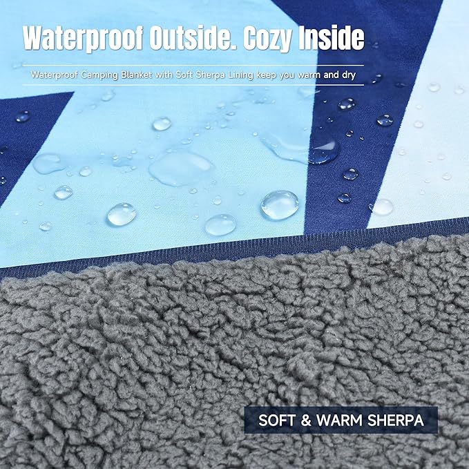 Tirrinia Waterproof Outdoor Blanket Warm Windproof Stadium Blankets with Sherpa Lining Foldable Camping Blanket Emergency Blanket with Mountain Landscape Design for Car Beach Picnic Hiking