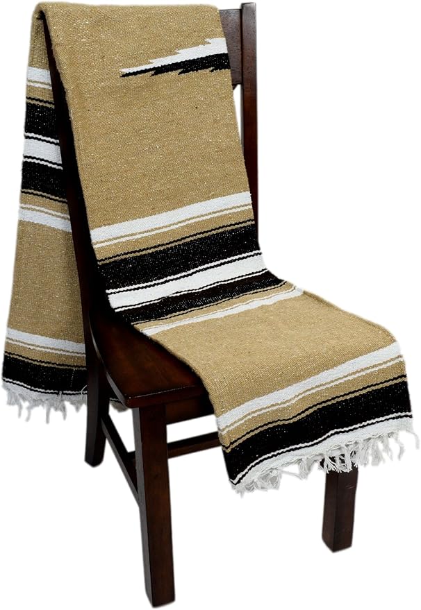 Handmade Mexican Yoga Blanket – Thick Tan Serape with Black Brown &amp White Stripes and Center Diamond Pattern – Soft Durable Machine Washable
