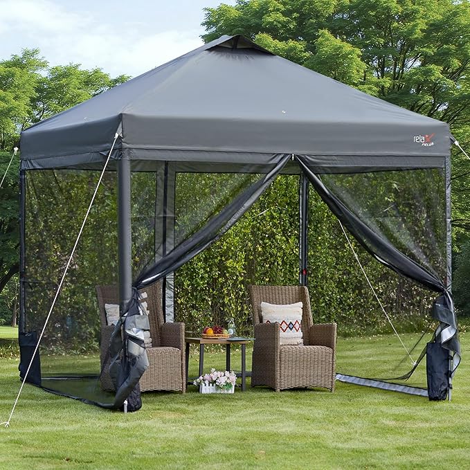 10x10 Pop Up Canopy Tent with Mosquito Netting Outdoor Portable Screen Tent for Yard Party Camping and Picnic 3 Height Positions Patio Gazebo with Roller Bag and 4 Sandbags