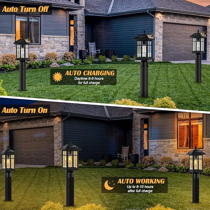 Solar Post Lights 2 Packs Waterproof Post Lantern with Pier Mount Base Aluminum Post Lamp Warm White Bulb Included for Yard Garden Pillar Pole Pathway