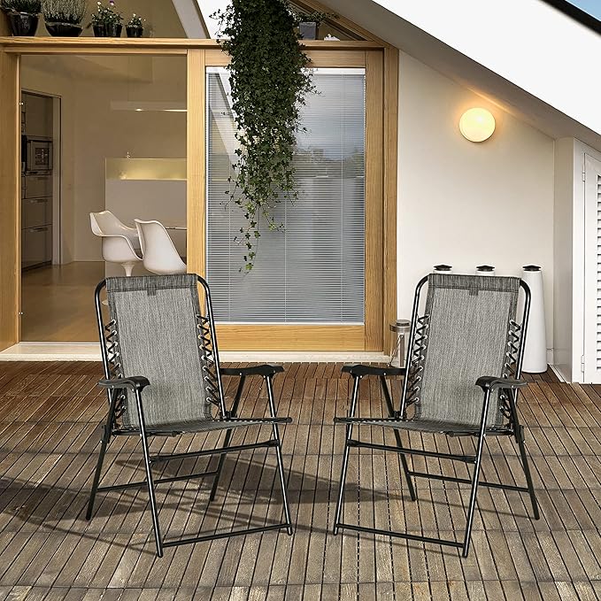 Outsunny Set of 2 Patio Folding Chairs Outdoor Bungee Sling Chairs w/Armrests Portable Lawn Chairs for Camping Garden Pool Beach Backyard Gray