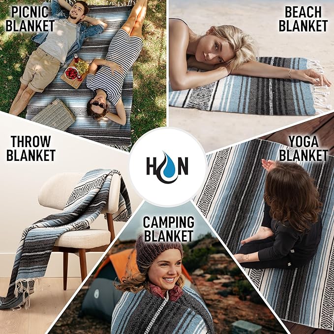 Hydration Nation Authentic Large Handwoven Mexican Blanket - Soft Yoga- Durable Serape- Lightweight Falsa Beach Camping Picnic Outdoor Blanket 70x50 - Aqua Sky