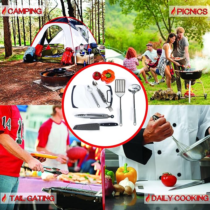 Wellmax 10-Piece Stainless Steel Camping Cooking Set – Compact All-in-One Cookware Kit with Utensils &amp Travel Bag for Campers Hikers Outdoor Adventures Purple Camo Color