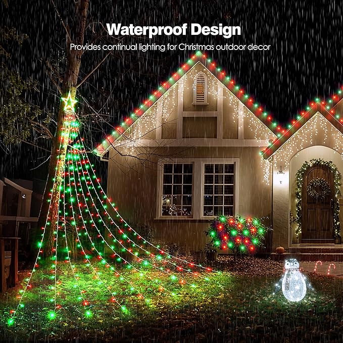 BlcTec Outdoor Christmas Decorations 317 LEDs Christmas Lights with 9 Strands 11.9ft Waterfall Christmas Tree Lights 8 Modes Waterproof Topper Star &amp Timer for Yard Patio Xmas Décor Red Green