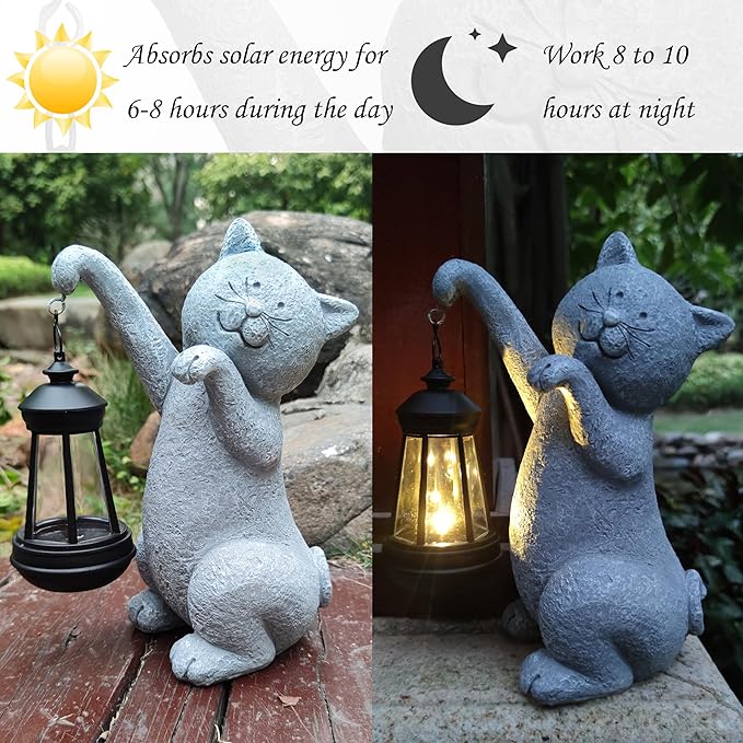 Cat Solar Garden StatuesResin Cat Figurine Decorations with Solar Lights Lantern Outdoor Figurines Lawn Cats Statue Decor Art for LawnYard Balcony OrnamentGift for Garden Home Mom.