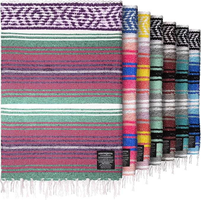 Hydration Nation Authentic Extra Large Mexican Blanket (70x50) - Handwoven Yoga Serape- Artisanal Falsa Beach Camping Picnic Outdoor - Dawn