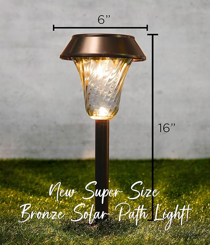 2 Pack Super Size 6 Diameter Bronze Solar Path Light with Large Solar Panel Glass Lens Metal Ground Stake and Extra-Bright LED for Garden Lawn Patio Walkway Driveway