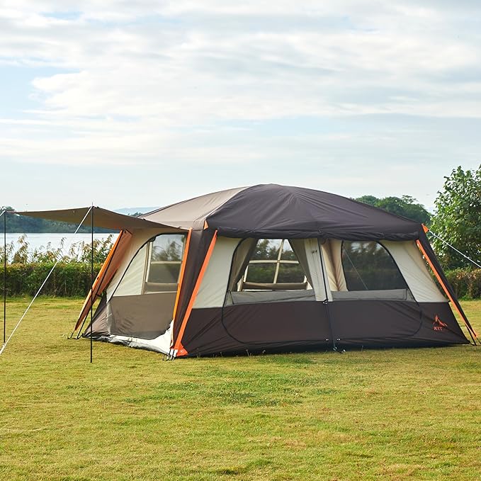 KTT Extra Large Tent 12 PersonFamily Cabin TentsAwning2 Rooms4 Doors and 4 Windows with MeshStraight WallWaterproofDouble LayerBig Tent for OutdoorPicnicCampingFamily Gathering