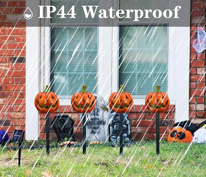 4 Pack Halloween Pumpkin Pathway Solar Lights Orange Yard Stake String Lights Halloween Outdoor Decorations Waterproof LED Pumpkin Halloween Décor Walkway Lights