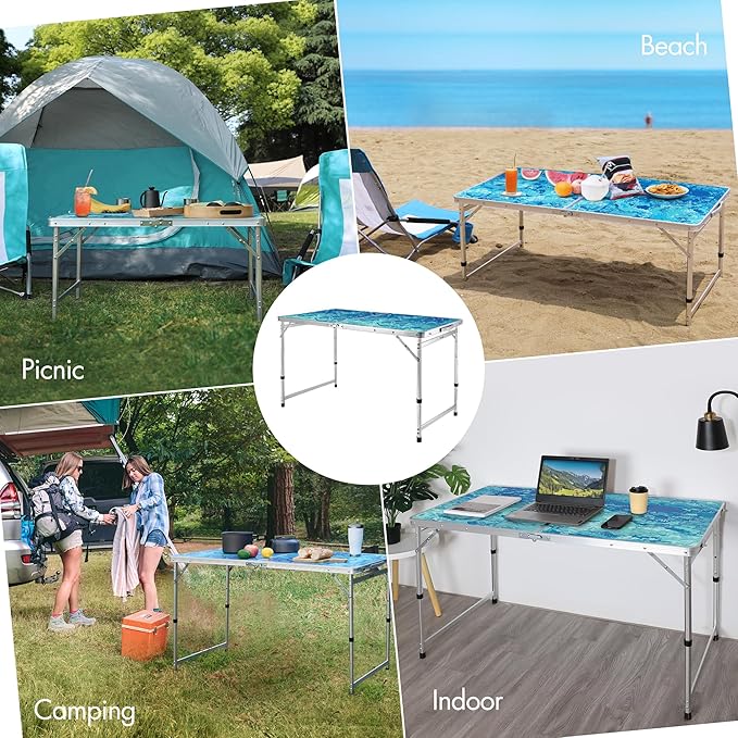 VILLEY Folding Camping Table 4FT Large Portable Aluminum Table with Adjustable Height Foldable Lightweight Picnic Table with Carry Handle for Camping BBQ Outdoor &amp Indoor Activities