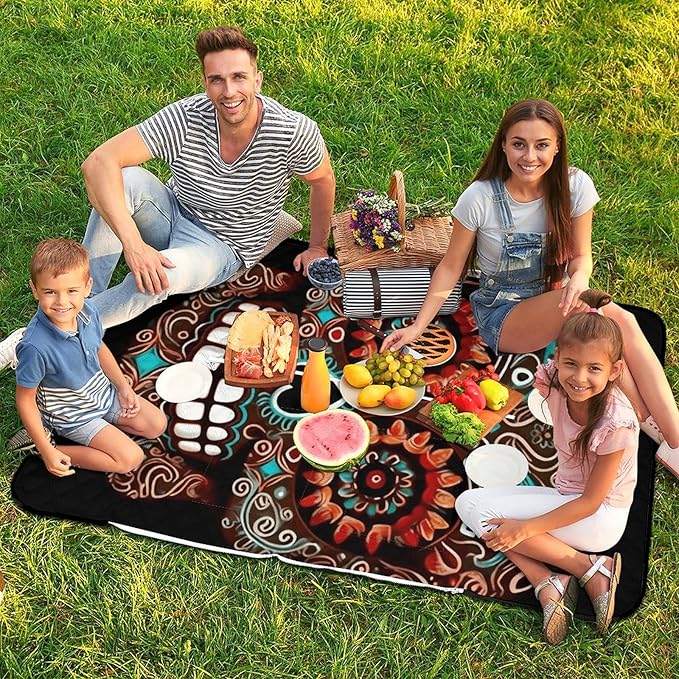 Zipper Sugar Skulls Day of The Dead Style Picnic Mat Suitable for Travel Camping Park Or Home Use