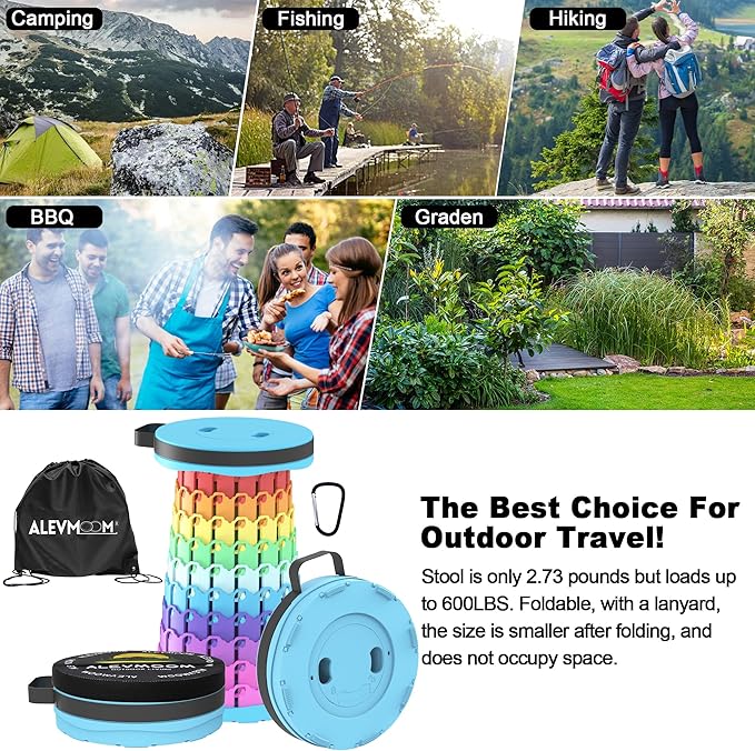 ALEVMOOM Upgraded Collapsible Stool with Cushion &amp Bag 18 H Portable Retractable Telescoping Folding Stool for Adults Lightweight But Sturdy Capacity 600 lbs for Camping Fishing Hiking Travel