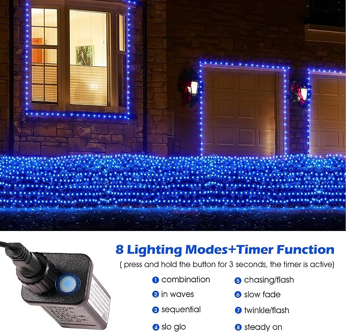 BlcTec Outdoor Christmas Lights 360 LED 9.8ft x 6.6ft Christmas Net Lights with 8 Modes UL Certified Timer Connectable Waterproof for Trees Bushes Shrubs Yard Outdoor Xmas Decorations Blue