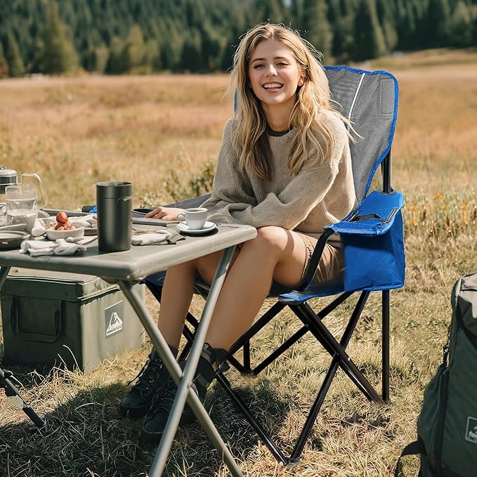 Oversized Padded Camping Chair Heavy-Duty Steel Frame for 450 lbs Supports Convenient 6-Can Cooler Portable Carry Bag Perfect for Outdoor Beach and Hiking (Gray &amp Sapphire Blue)