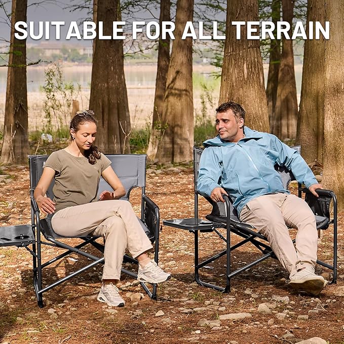 TIMBER RIDGE XXL Foldable Directors Chair with Side Table Extra Wide Camping Chairs for Adults Heavy Duty Supports 500 lbs Oversized Folding Lawn Chair for Picnic Beach Sports Fishing Grey-2 Pack