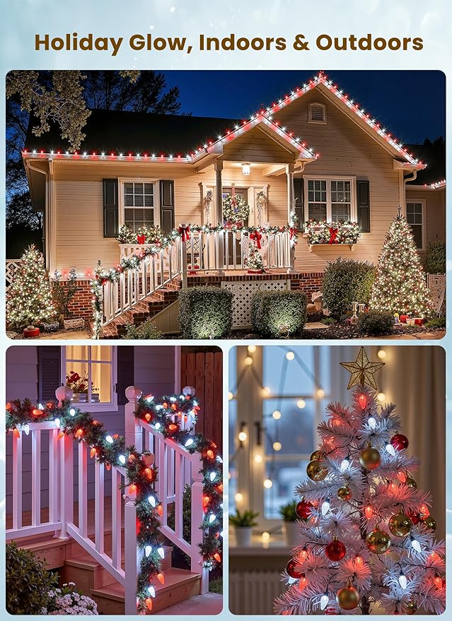 C9 LED Christmas Lights Outdoor 68 Feet 100 LED Strawberry String Lights With 100 Spring Clamps Waterproof Commercial Grade Extendable for Outside Roofline Patio Home Xmas Decoration Red &amp Whit