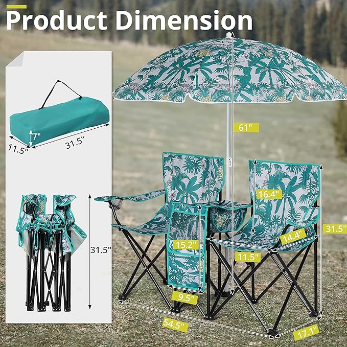 Double Folding Camping Chair with Sunshade Umbrella &amp Cup Holder &amp Pocket Durable 2 Seat Outdoor Chair for Fishing and Camping Compact Design with Carrying Bag Suit for Outdoor Adventures