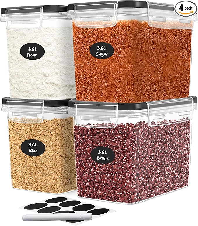 DWËLLZA KITCHEN Flour Sugar Storage Containers Set of 4 3.6L Plastic Airtight Food Storage Containers with Lids for Kitchen Pantry Organization and Storage - Dry Food Containers Labels &amp Marker