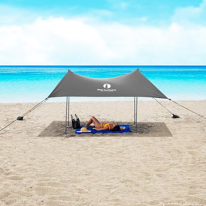 Red Suricata Family Beach Parasol - Sun Shade Canopy | UPF 50 UV Protection | Tent with 4 Aluminium Poles 4 Pole Anchors 4 Sandbag Anchors | Large &amp Portable Shelter Tarp