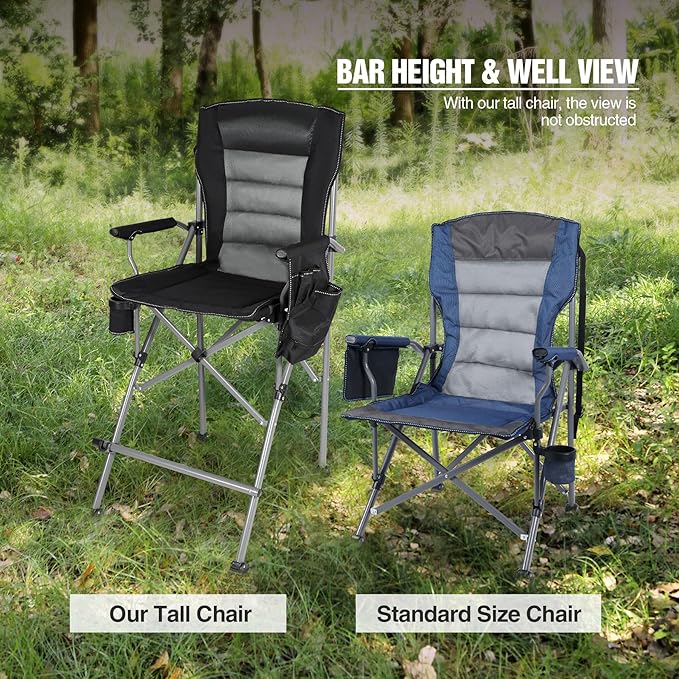 Extra Tall Folding Chairs for Adults 330lbs Portable Bar Height Foldable Director Chairs for Camping Outside Comfortable with Makeup Pocket High Back and Footrest Black